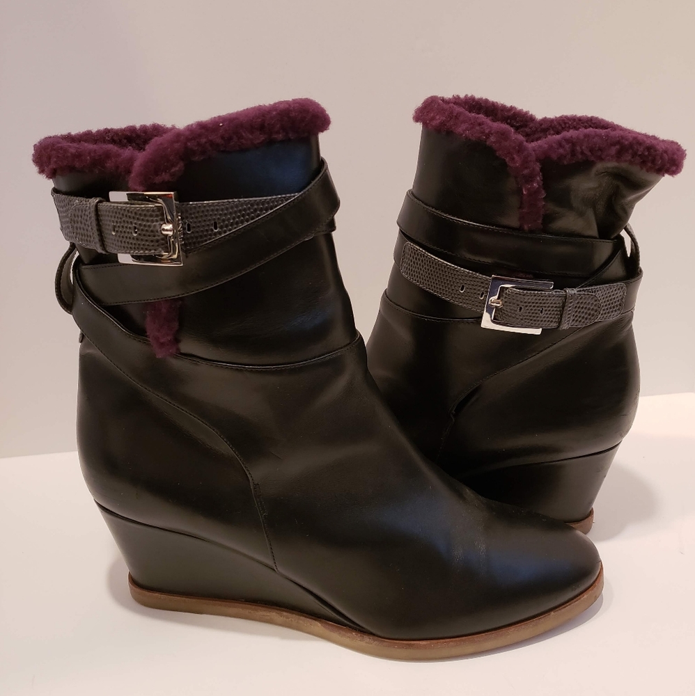 Fendi black leather purple shearling wedge bootie